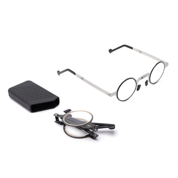 Inklapbare Leesbril met Blauwe Lichtfilter Ronde Titanium Montuur Ultralicht Opvouwbaar Presbyopie Bril Leesglas met Etui Plano tot +4.0 | Sulvida