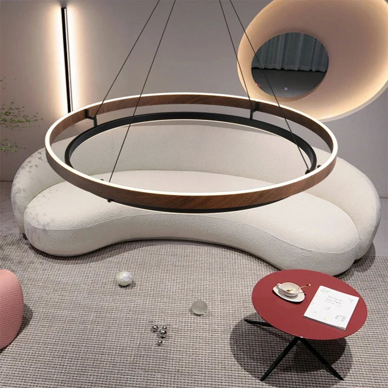 Ronde Metalen Hanglamp met Houtstructuur 60-80cm Dimbaar Scandinavisch Design voor Woonkamer en Eetkamer | Sulvida