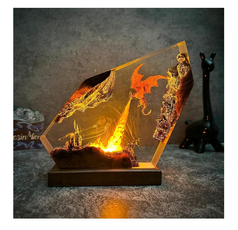 Draak Tafellamp met Vuureffect – Handgemaakte Hars Fantasy Verlichting Decoratief Sfeerlicht 14-21cm | Sulvida