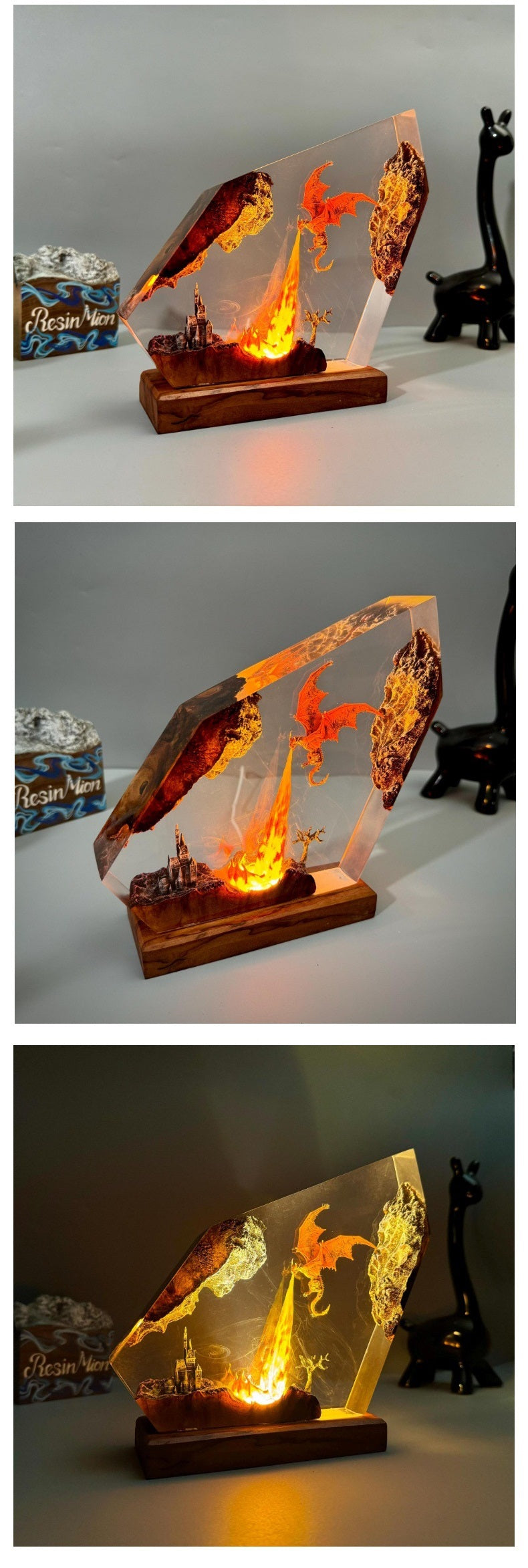 Draak Tafellamp met Vuureffect – Handgemaakte Hars Fantasy Verlichting Decoratief Sfeerlicht 14-21cm | Sulvida
