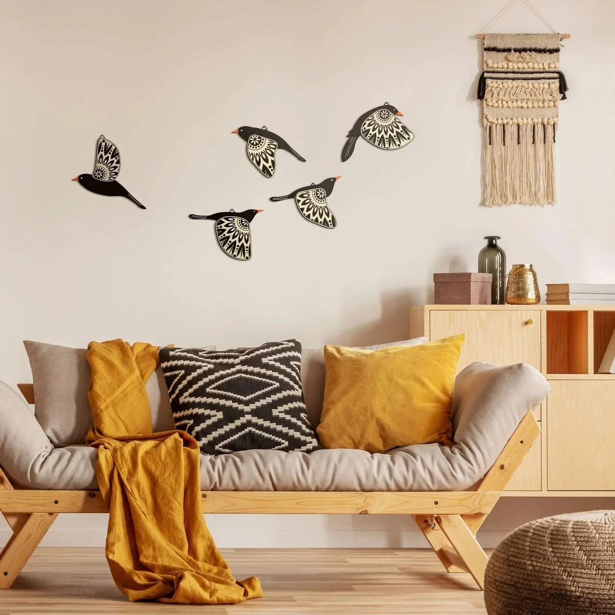 Decoratieve Vogelhaken Set van 5 Stuks Zwart Geel Handgesneden Wanddecoratie Kapstok Woonkamer Hal Entree | Sulvida