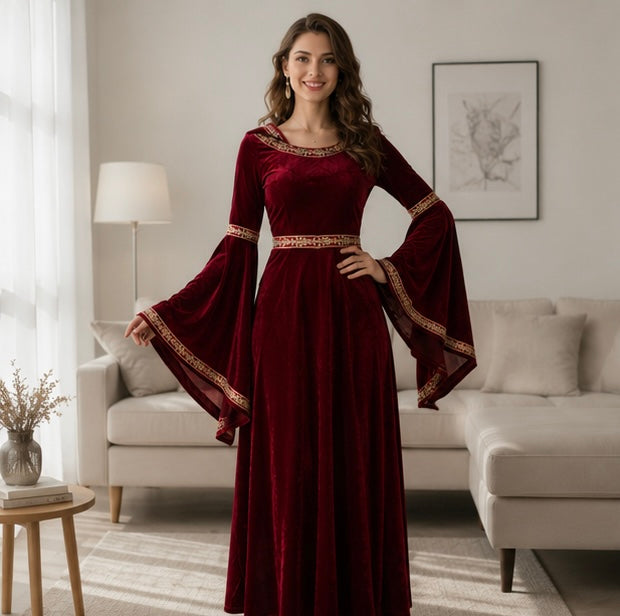 Gotische Fluwelen Vampierjurk met Capuchon Wijd Uitlopende Mouwen Middeleeuws Fantasy Kostuum Verkleedkleding | Sulvida