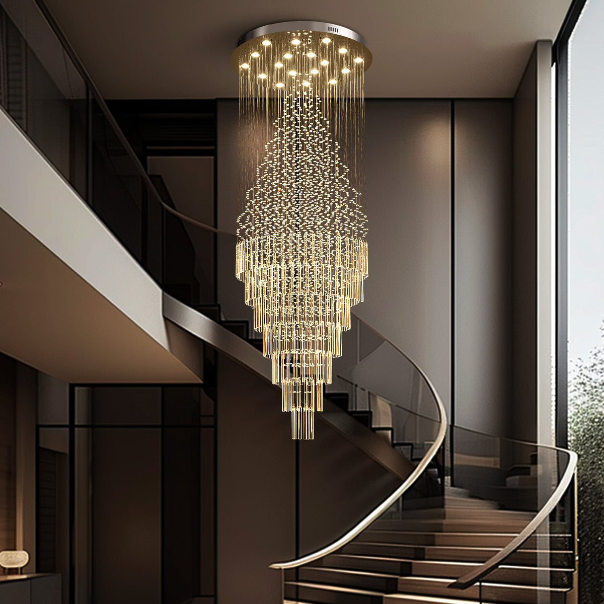 Kristallen Kroonluchter Chroom Regendrupvorm Meerlaags Trappenhuis Hal Cascade Verlichting Luxe Modern | Sulvida