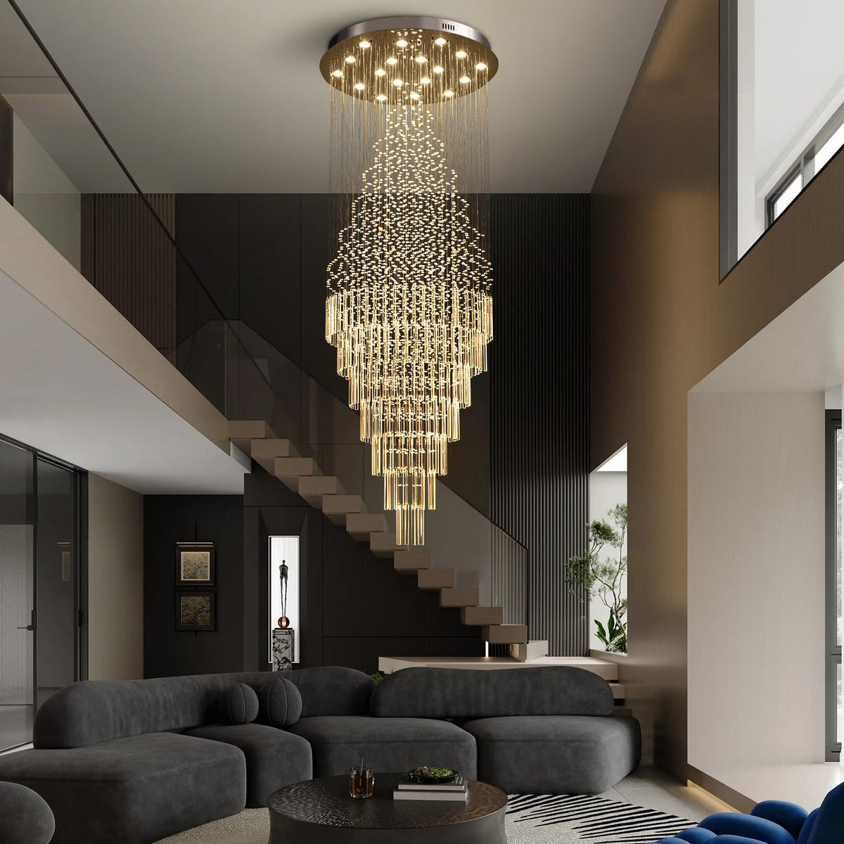 Kristallen Kroonluchter Chroom Regendrupvorm Meerlaags Trappenhuis Hal Cascade Verlichting Luxe Modern | Sulvida