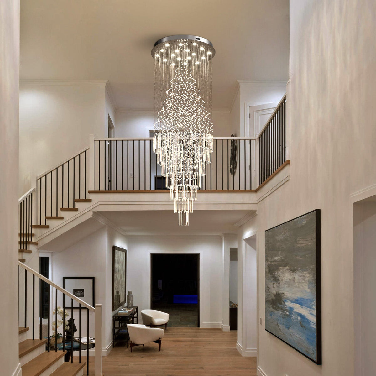 Kristallen Kroonluchter Chroom Regendrupvorm Meerlaags Trappenhuis Hal Cascade Verlichting Luxe Modern | Sulvida