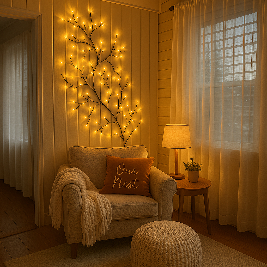 Decoratieve LED-wilgentak wandlamp met 144 warmwitte lampjes en 18 takken voor sfeerverlichting – 2,3 meter met afstandsbediening, dimbare verlichtingstak voor woonkamer, slaapkamer of terras | Sulvida