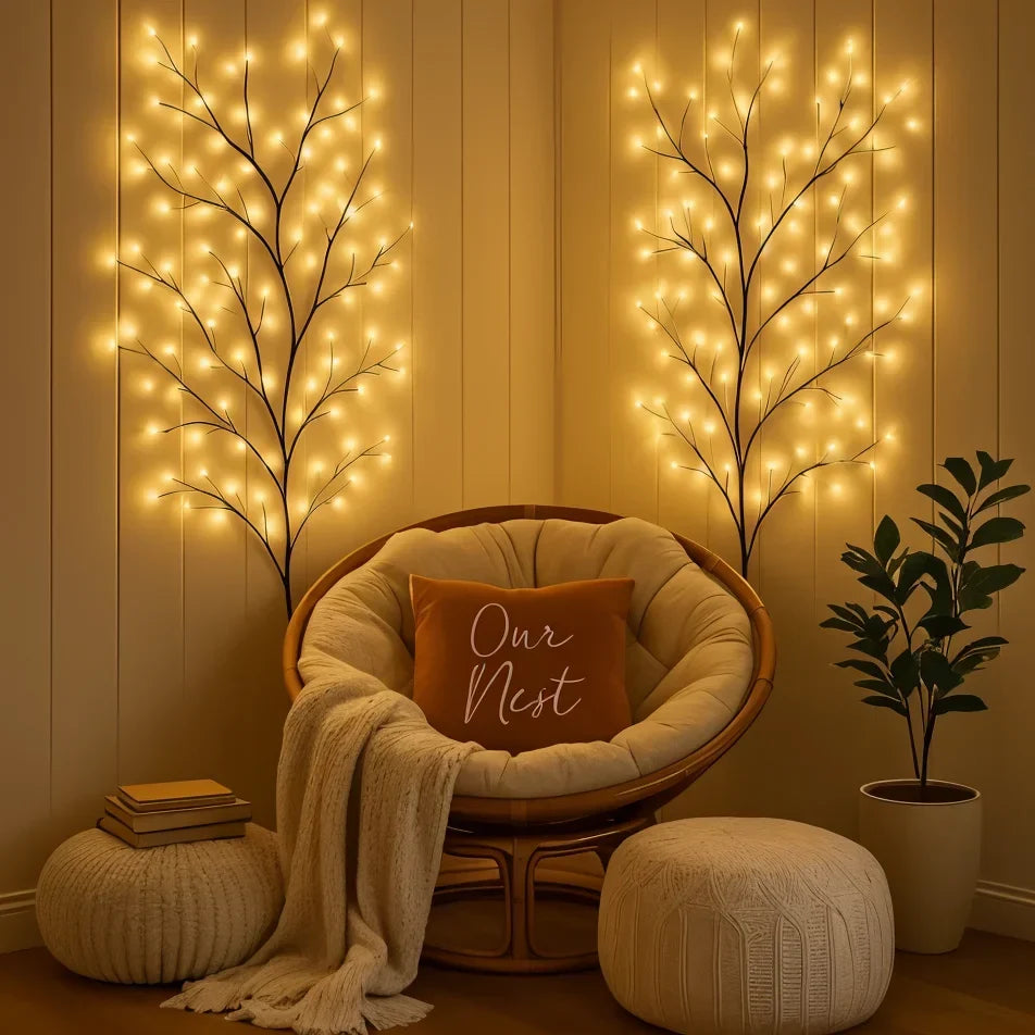 Decoratieve LED-wilgentak wandlamp met 144 warmwitte lampjes en 18 takken voor sfeerverlichting – 2,3 meter met afstandsbediening, dimbare verlichtingstak voor woonkamer, slaapkamer of terras | Sulvida