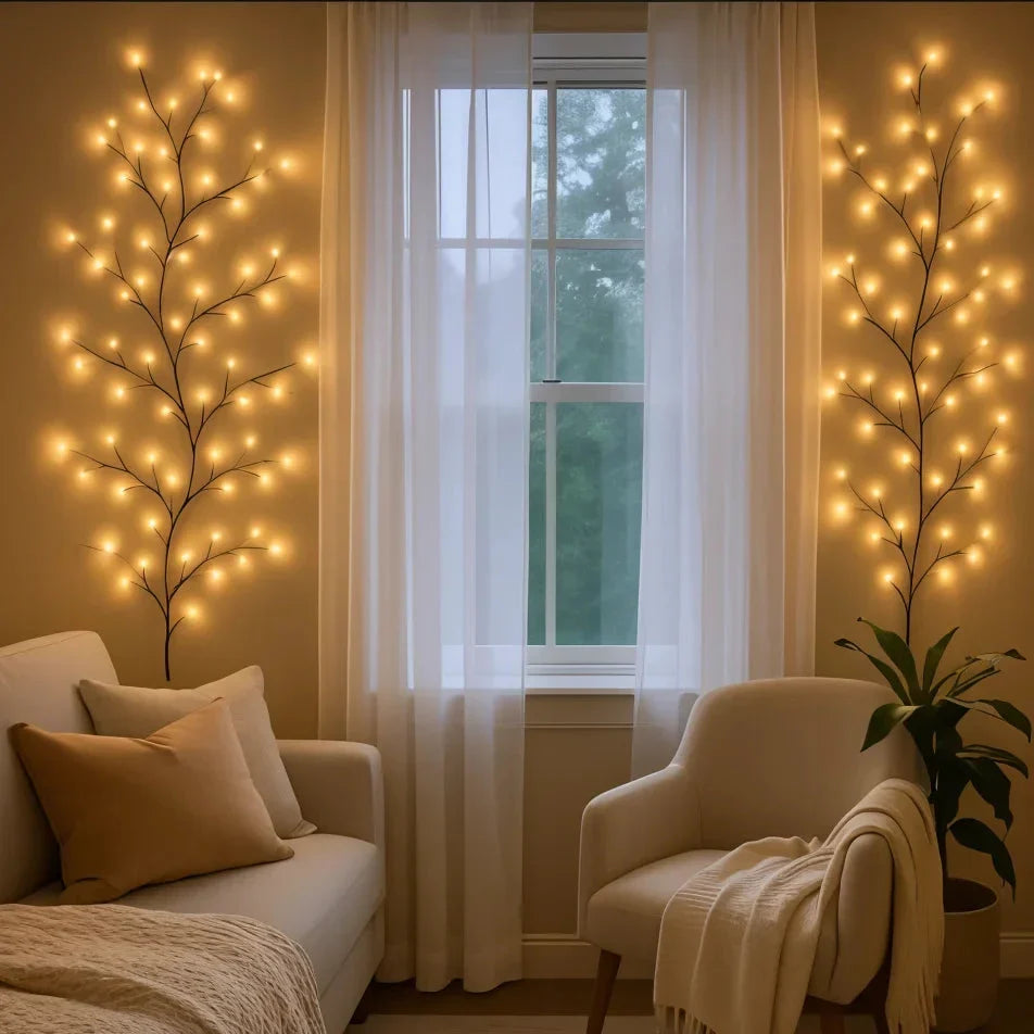 Decoratieve LED-wilgentak wandlamp met 144 warmwitte lampjes en 18 takken voor sfeerverlichting – 2,3 meter met afstandsbediening, dimbare verlichtingstak voor woonkamer, slaapkamer of terras | Sulvida
