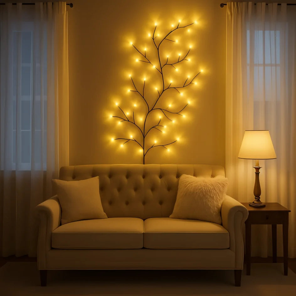 Decoratieve LED-wilgentak wandlamp met 144 warmwitte lampjes en 18 takken voor sfeerverlichting – 2,3 meter met afstandsbediening, dimbare verlichtingstak voor woonkamer, slaapkamer of terras | Sulvida