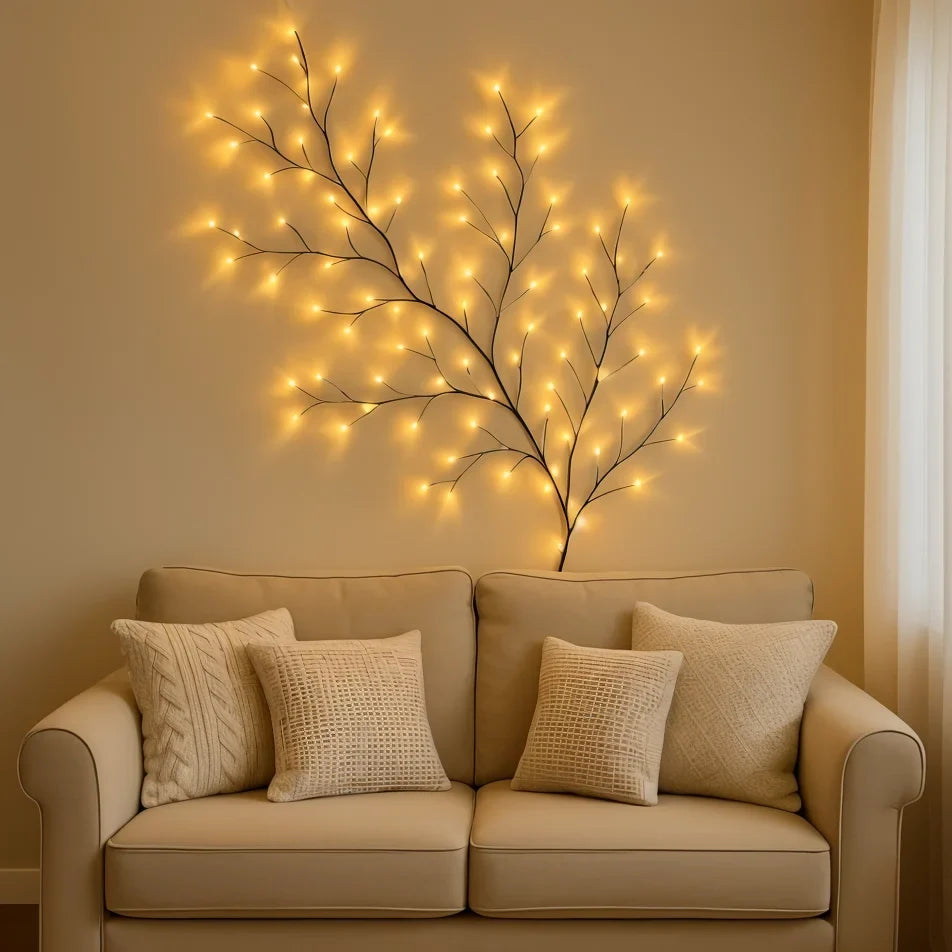 Decoratieve LED-wilgentak wandlamp met 144 warmwitte lampjes en 18 takken voor sfeerverlichting – 2,3 meter met afstandsbediening, dimbare verlichtingstak voor woonkamer, slaapkamer of terras | Sulvida