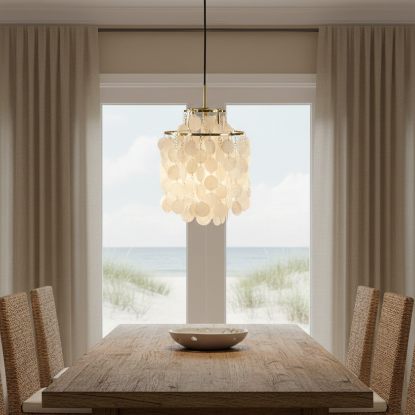 Ronde hanglamp met schelpenlagen en LED-verlichting voor sfeervolle woonkamer eetkamer entree en slaapkamer | Sulvida