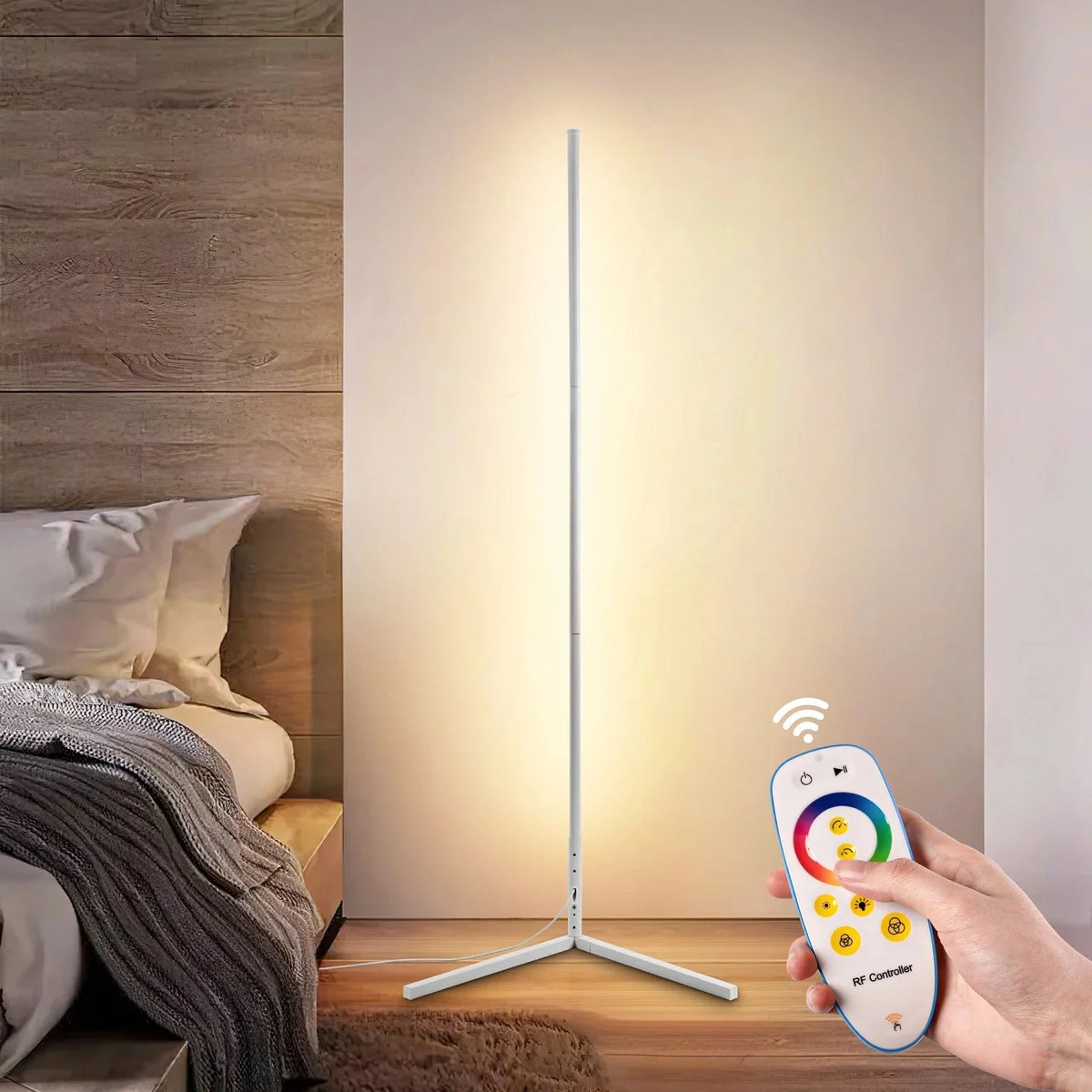 Dimbare LED staande hoeklamp met afstandsbediening 142cm aluminium zwart wit voor sfeervolle woonkamer verlichting | Sulvida