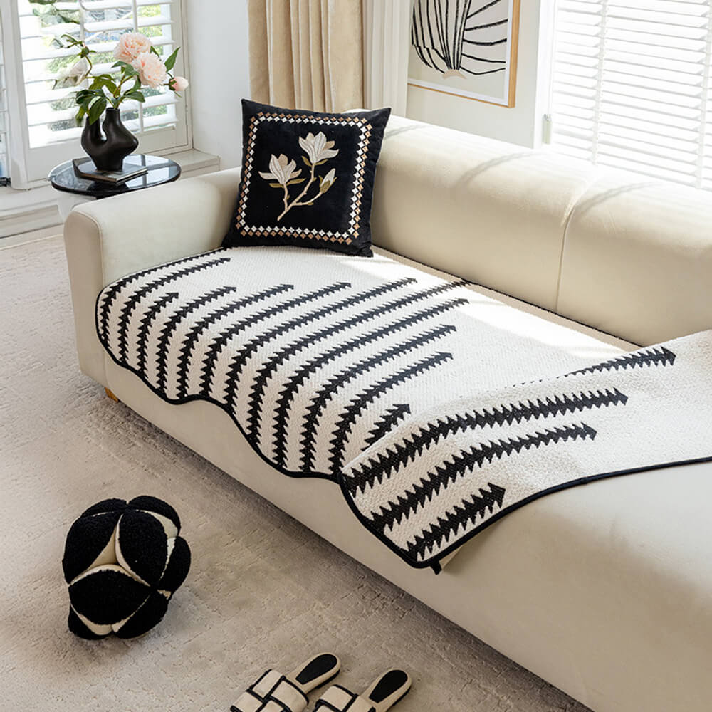 Chenille Bankhoes met Golvende Randen en Chevron Patroon voor Elegante Bankbescherming 90x180 cm Beige | Sulvida