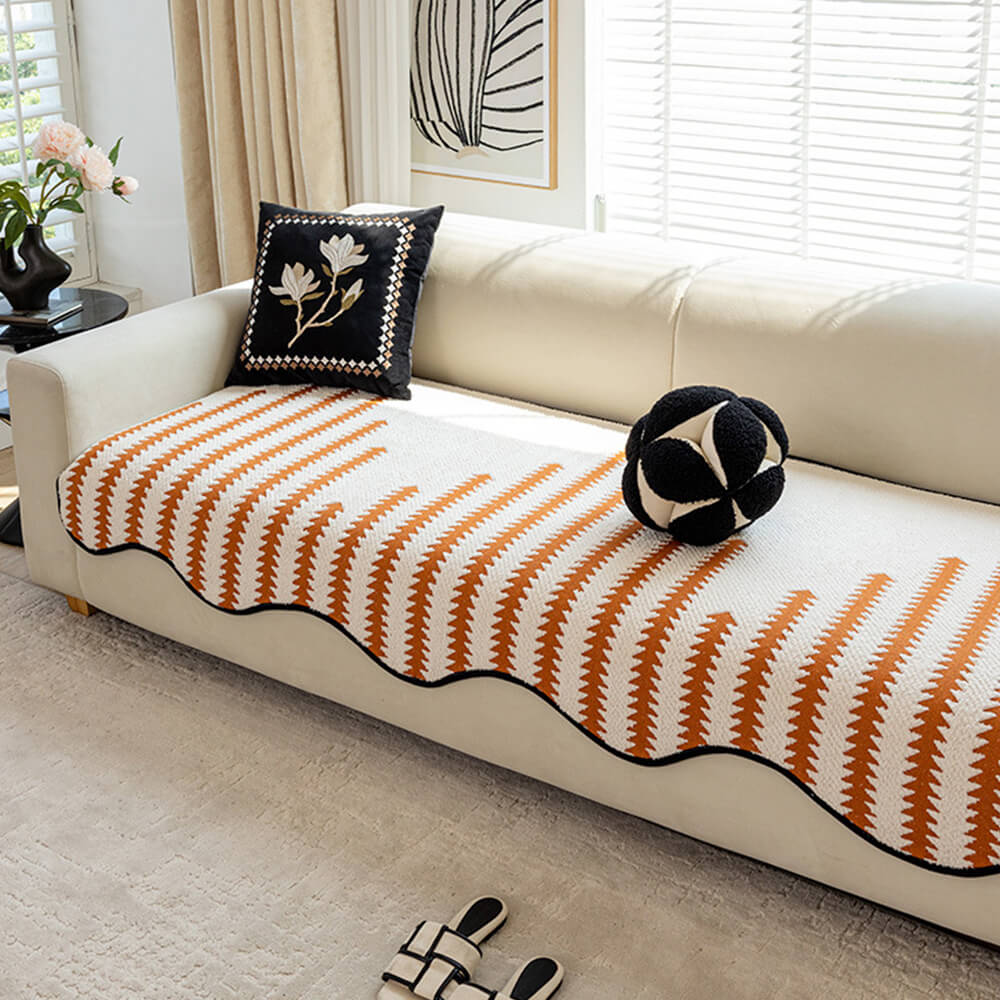 Chenille Bankhoes met Golvende Randen en Chevron Patroon voor Elegante Bankbescherming 90x180 cm Beige | Sulvida