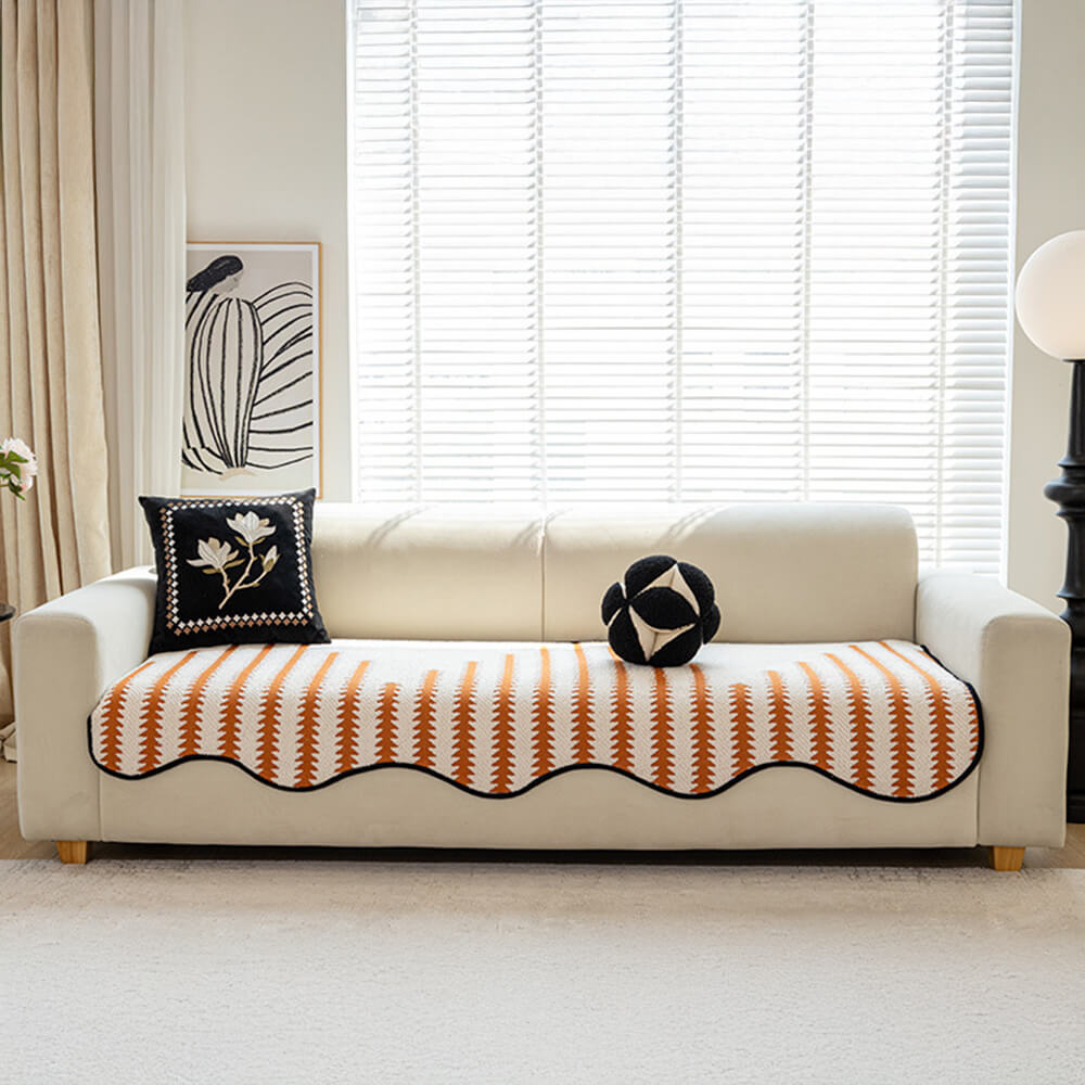 Chenille Bankhoes met Golvende Randen en Chevron Patroon voor Elegante Bankbescherming 90x180 cm Beige | Sulvida