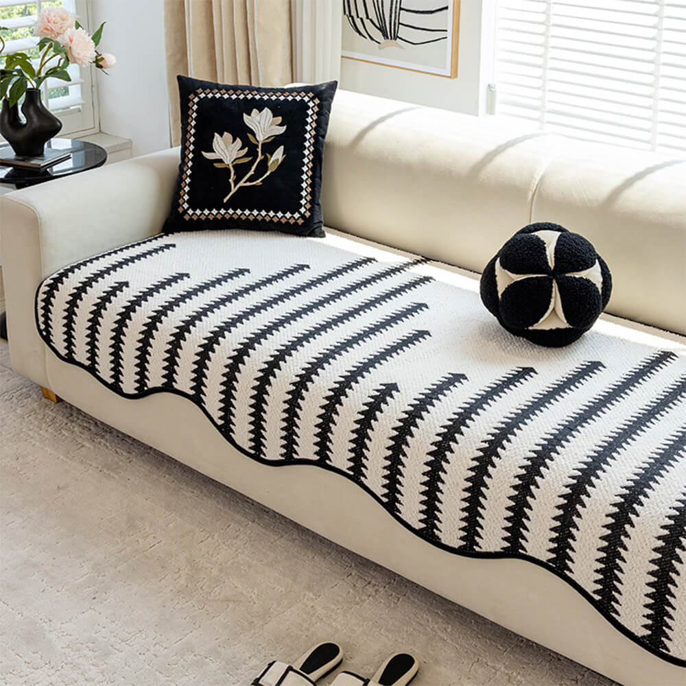 Chenille Bankhoes met Golvende Randen en Chevron Patroon voor Elegante Bankbescherming 90x180 cm Beige | Sulvida