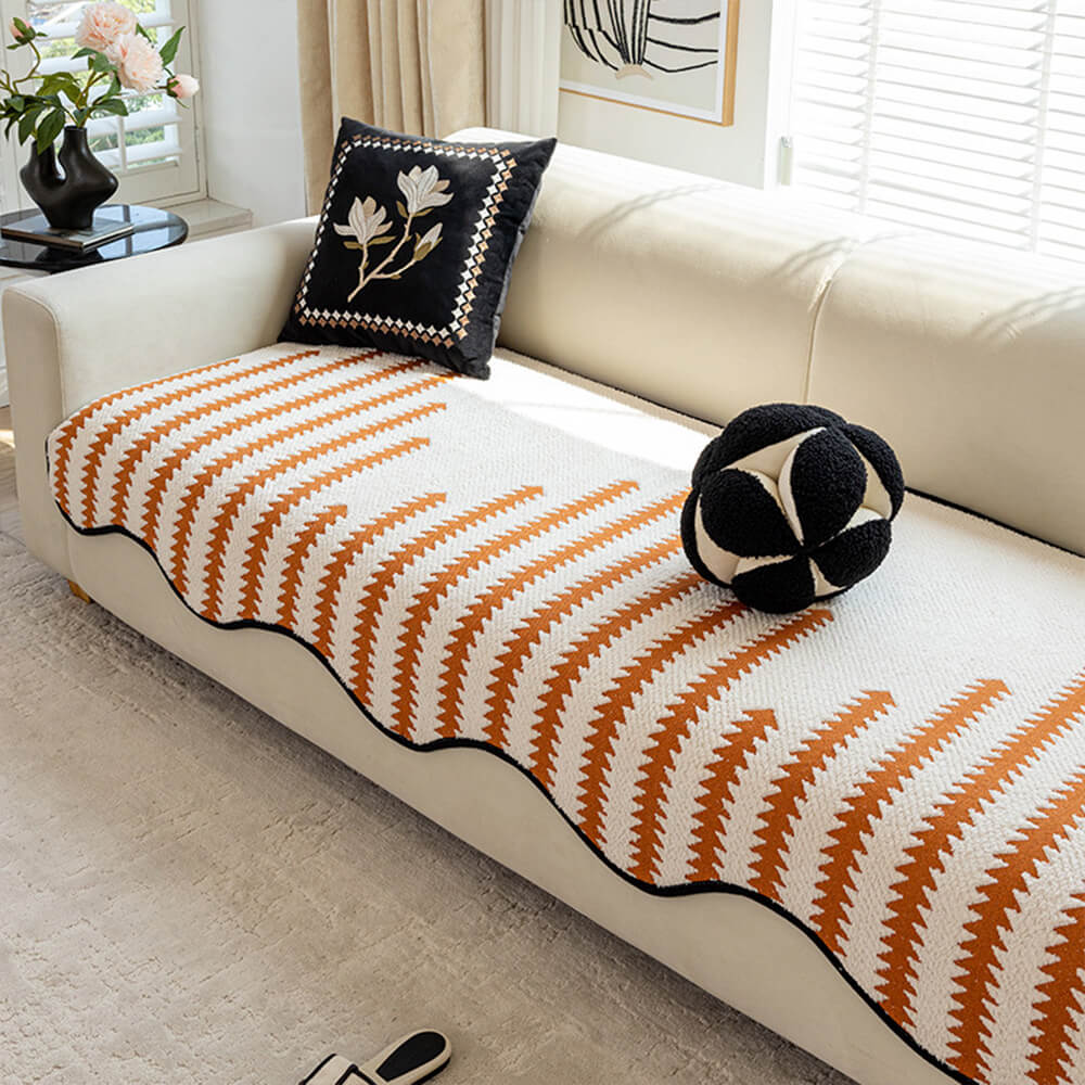 Chenille Bankhoes met Golvende Randen en Chevron Patroon voor Elegante Bankbescherming 90x180 cm Beige | Sulvida