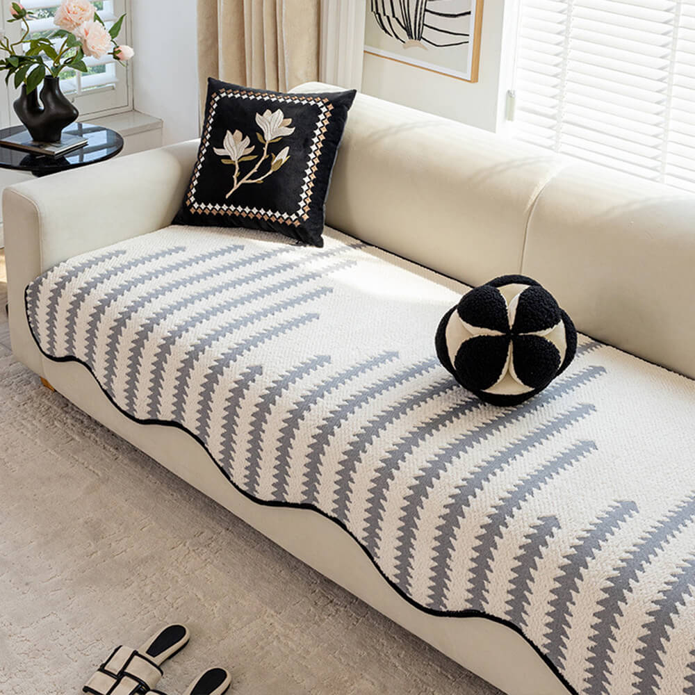Chenille Bankhoes met Golvende Randen en Chevron Patroon voor Elegante Bankbescherming 90x180 cm Beige | Sulvida