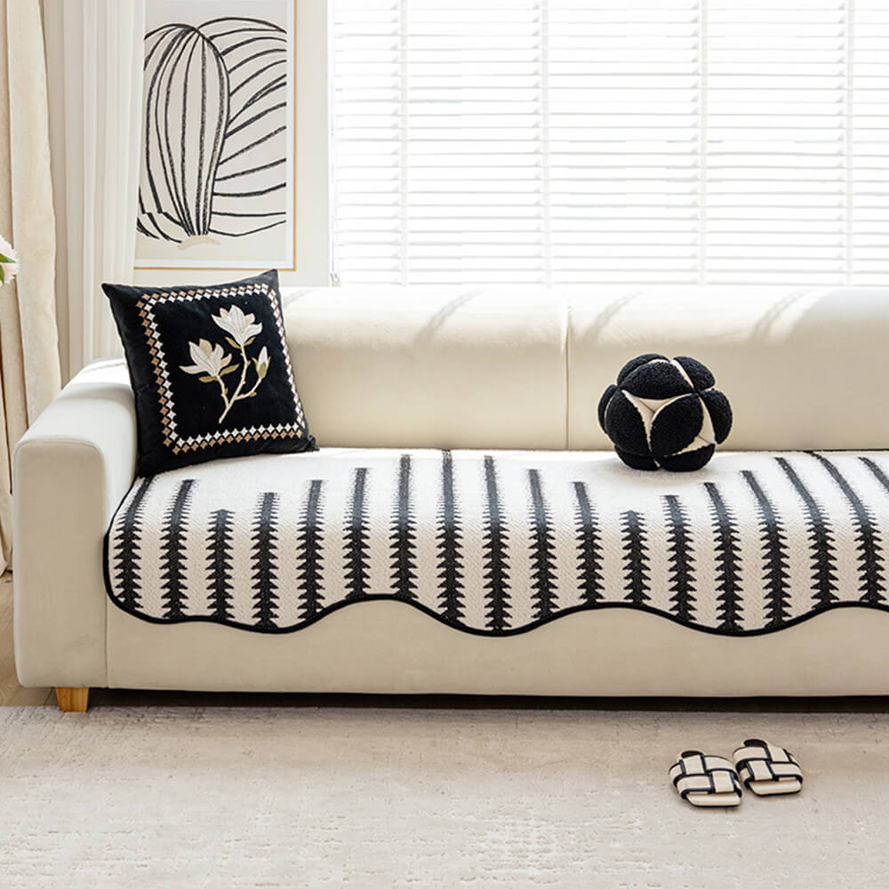 Chenille Bankhoes met Golvende Randen en Chevron Patroon voor Elegante Bankbescherming 90x180 cm Beige | Sulvida
