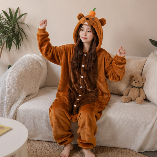 Kinderonesie Dierenpak Flanel Capybara Design met Capuchon Warm Loungen Verkleedkostuum Jongens Meisjes | Sulvida