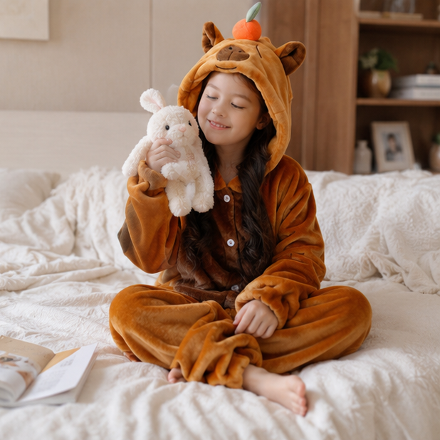 Kinderonesie Dierenpak Flanel Capybara Design met Capuchon Warm Loungen Verkleedkostuum Jongens Meisjes | Sulvida