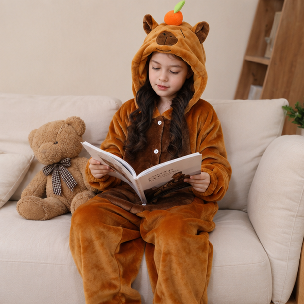 Kinderonesie Dierenpak Flanel Capybara Design met Capuchon Warm Loungen Verkleedkostuum Jongens Meisjes | Sulvida