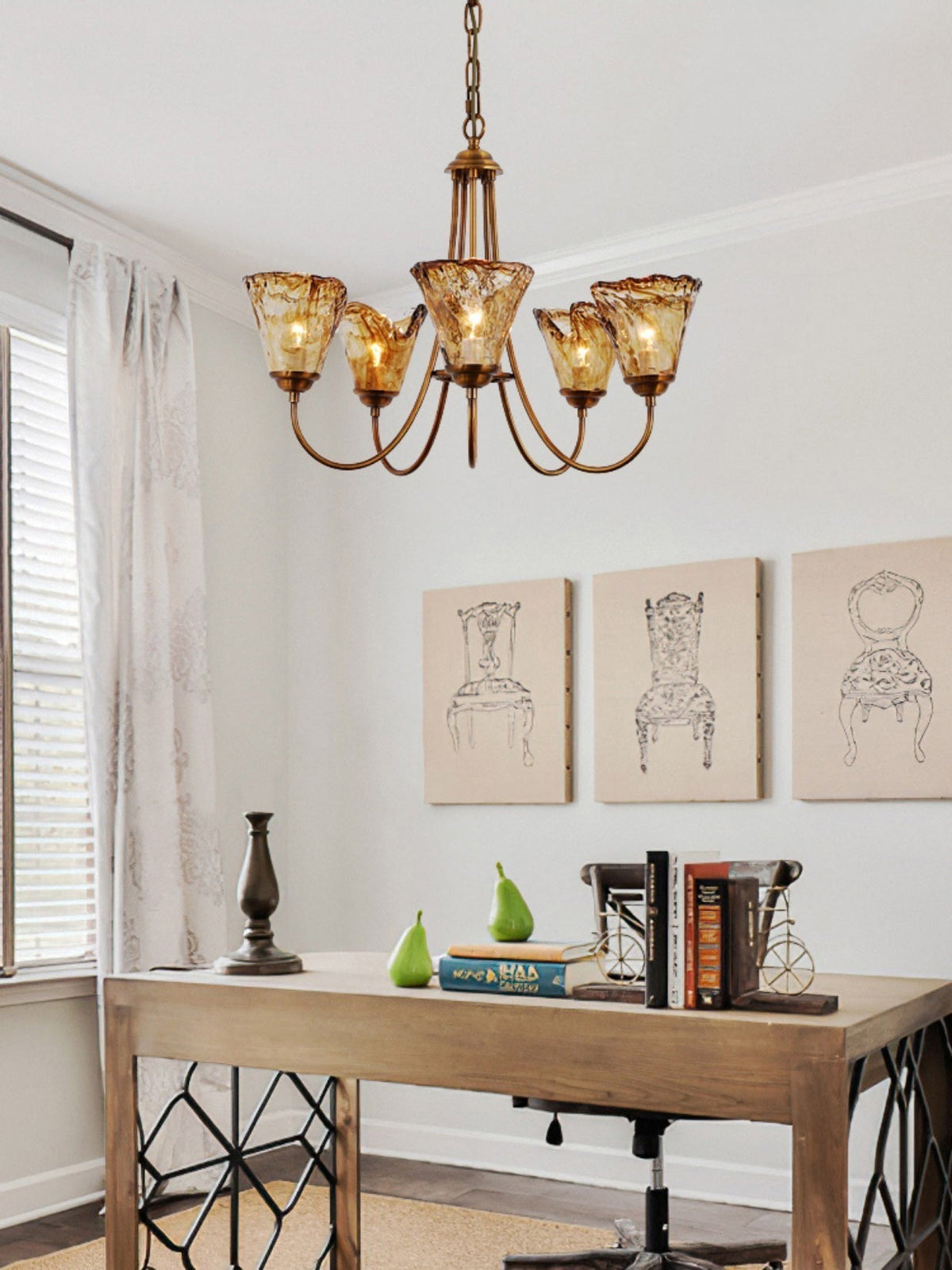Kroonluchter Amber Glas met Messing Armatuur Eetkamer Woonkamer Hanglamp Verstelbaar E14 Fitting Sfeerlicht | Sulvida