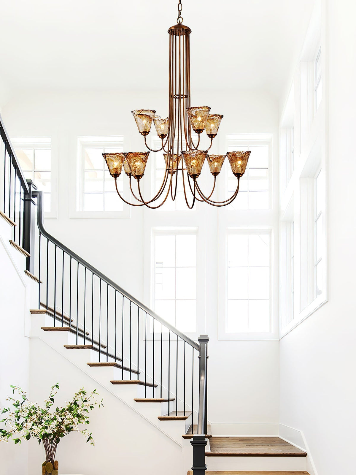 Kroonluchter Amber Glas met Messing Armatuur Eetkamer Woonkamer Hanglamp Verstelbaar E14 Fitting Sfeerlicht | Sulvida