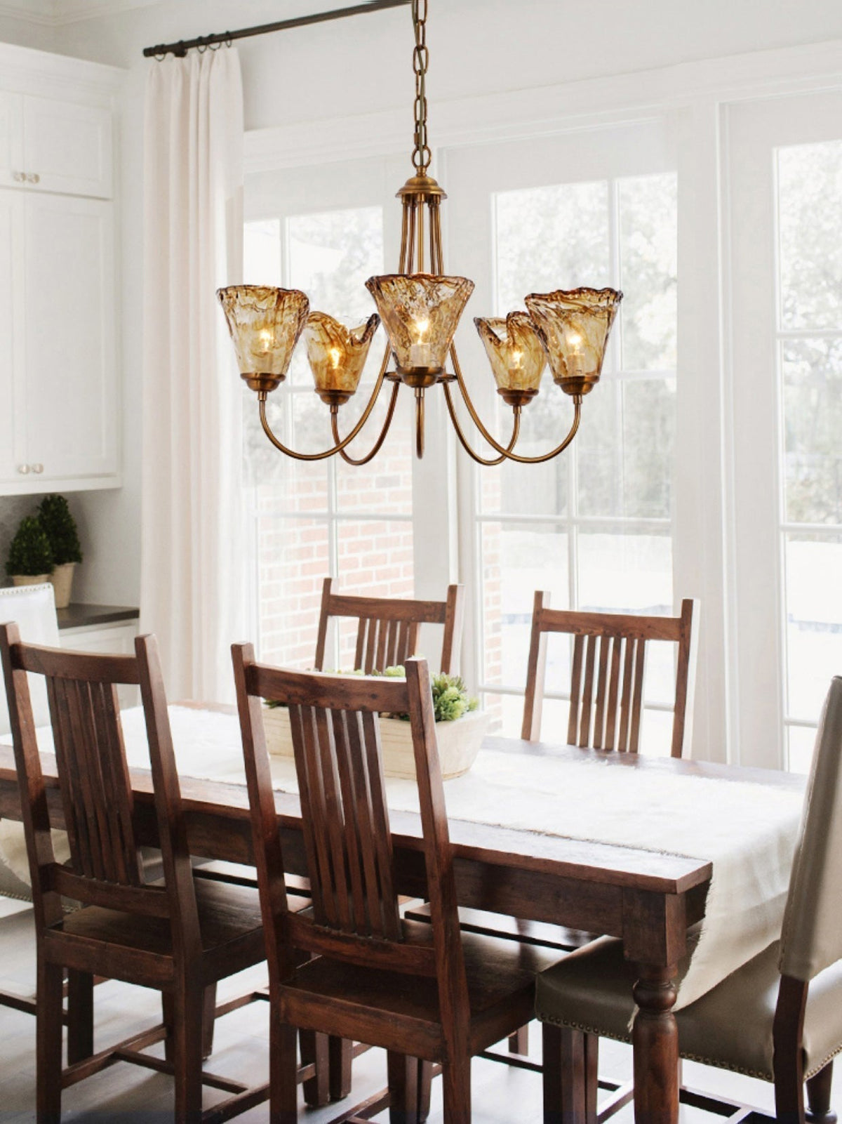Kroonluchter Amber Glas met Messing Armatuur Eetkamer Woonkamer Hanglamp Verstelbaar E14 Fitting Sfeerlicht | Sulvida