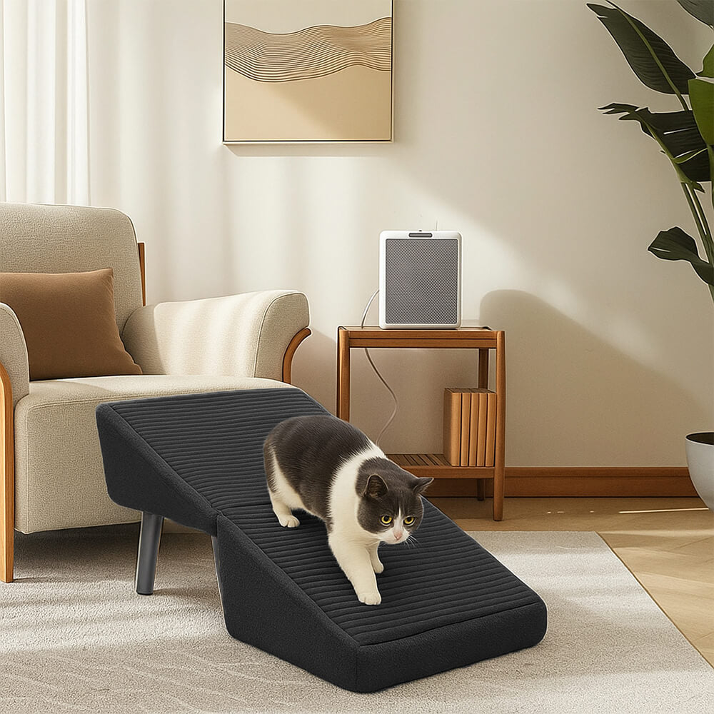 Houten Huisdierentrap met Anti-Slip Trapvlakken Crème Grijs Zwart voor Honden en Katten Bank Bed Meubels | Sulvida
