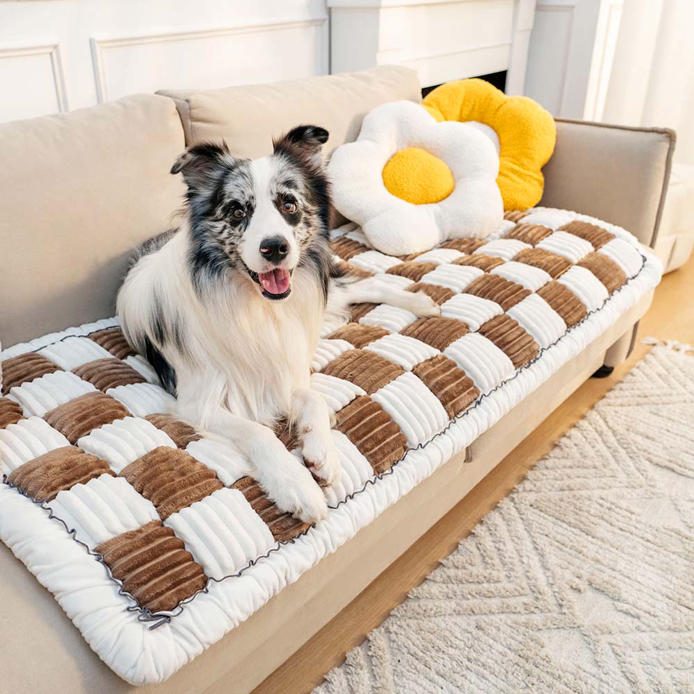 Chenille Huisdierenmat Vierkant Geruit Crème 50x50 cm Anti-slip Wasbaar Hondendeken Kattenmat Beschermer | Sulvida