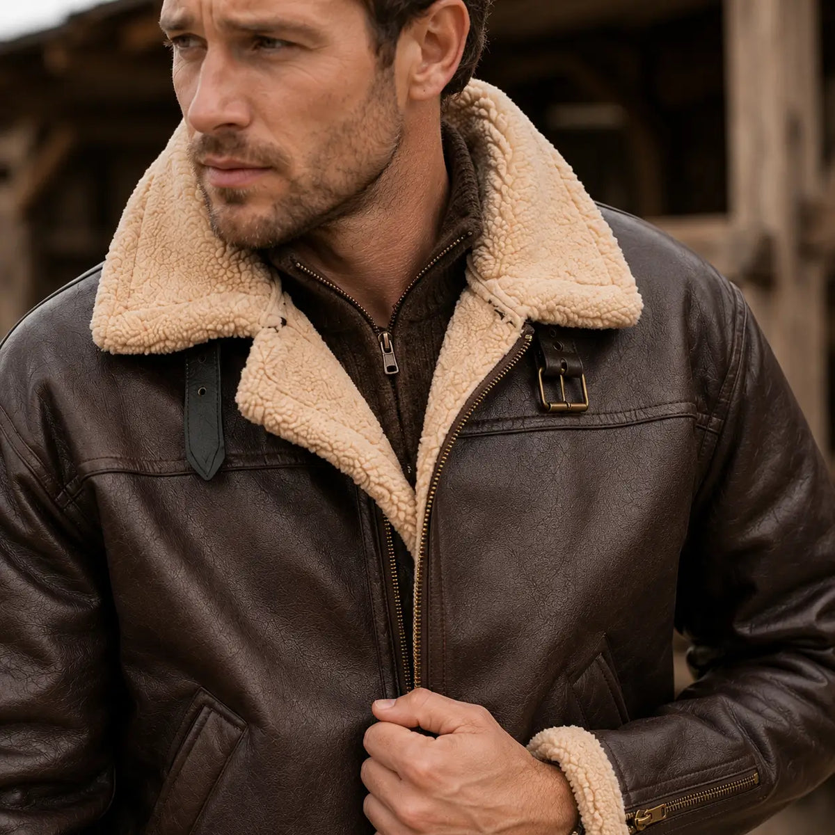 Gevoerde Herenwinterjas met Bontvoering Windbestendig Warm Leren Aviator Jas Heren Winter Pilotenjack | Sulvida