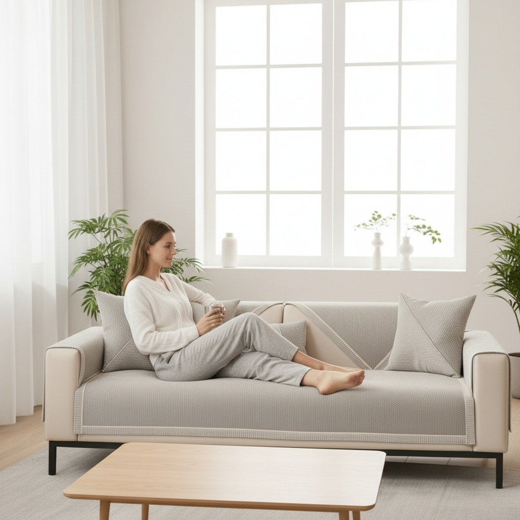 Bankhoes katoen-linnen antislip quilted voor alle seizoenen meerdere maten neutrale tinten beschermhoes | Sulvida