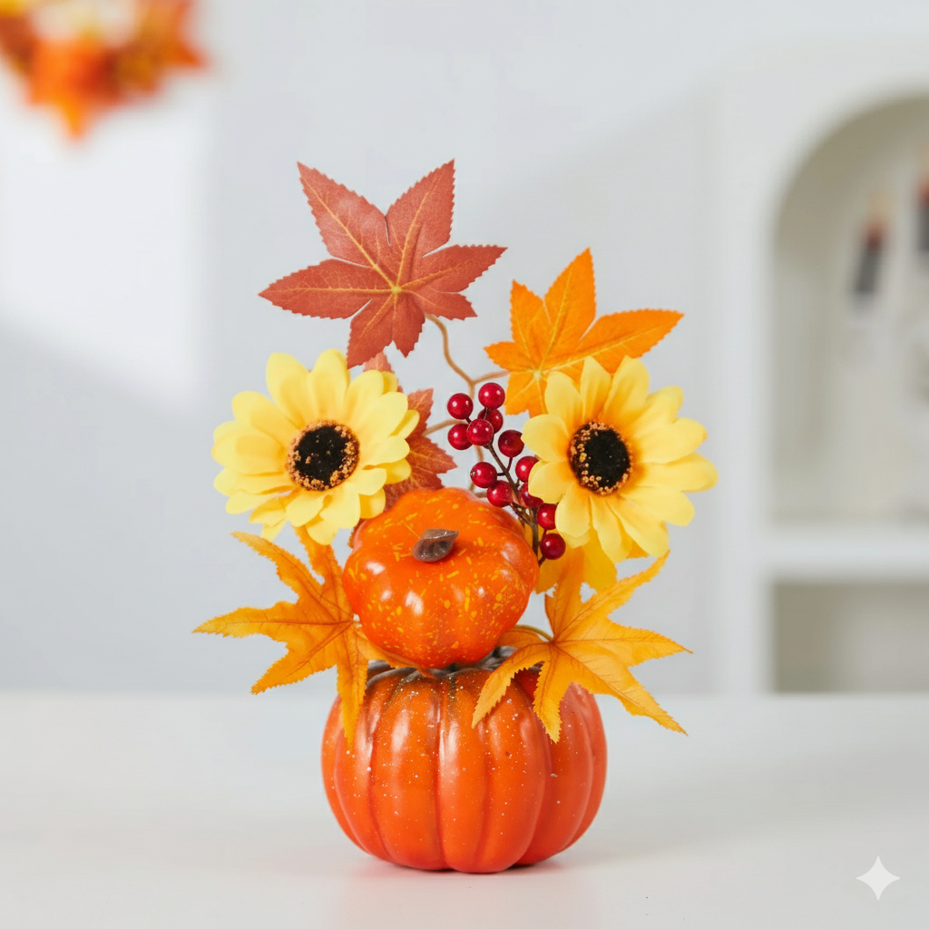 Herfstdecoratie Pompoen met Esdoornblad Oranje Kunstmatig Seizoensdecoratie Tafelschikking Herfstkleuren | Sulvida
