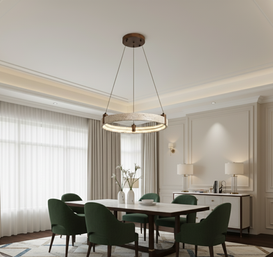 Hanglamp Travertijnsteen Ring Cirkel LED Kroonluchter Woonkamer Eetkamer Natuursteen Modern Design Verlichting | Sulvida