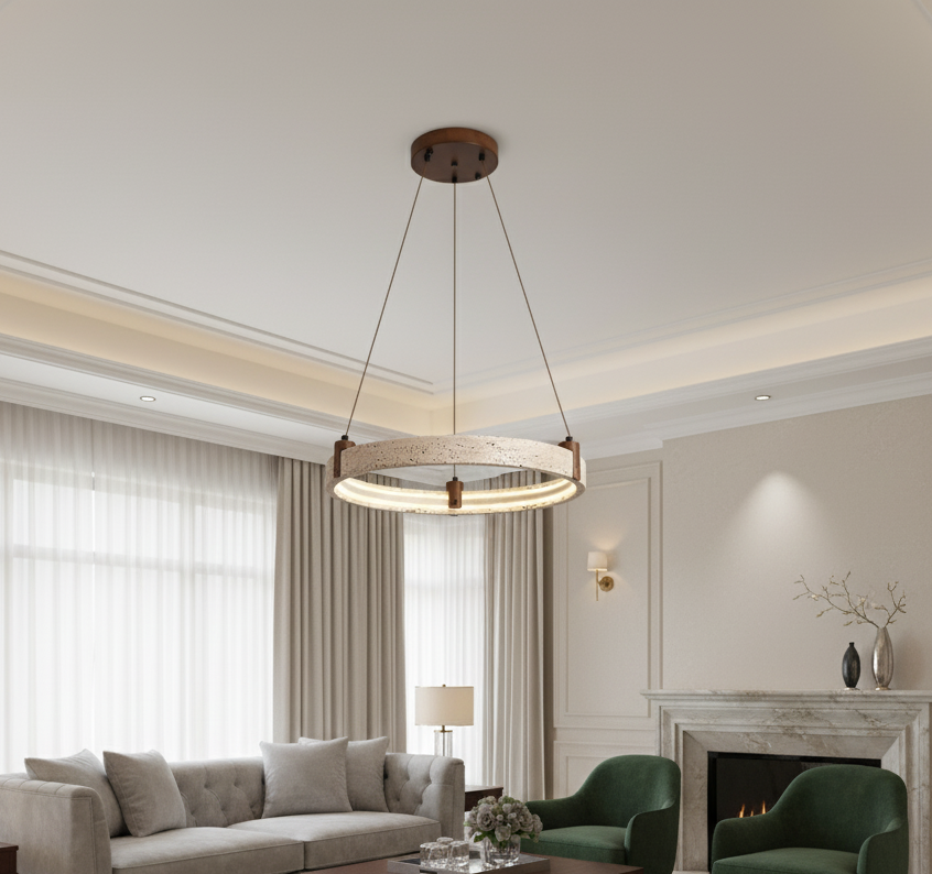 Hanglamp Travertijnsteen Ring Cirkel LED Kroonluchter Woonkamer Eetkamer Natuursteen Modern Design Verlichting | Sulvida