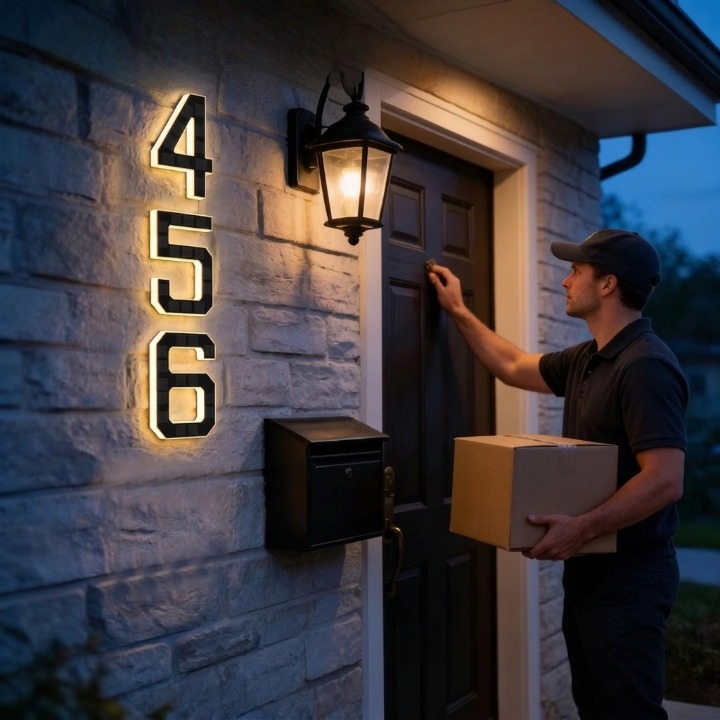 Zonne-energie huisnummerbord met automatische LED-verlichting bij schemering weerbestendig 23 × 16 cm IP44 | Sulvida