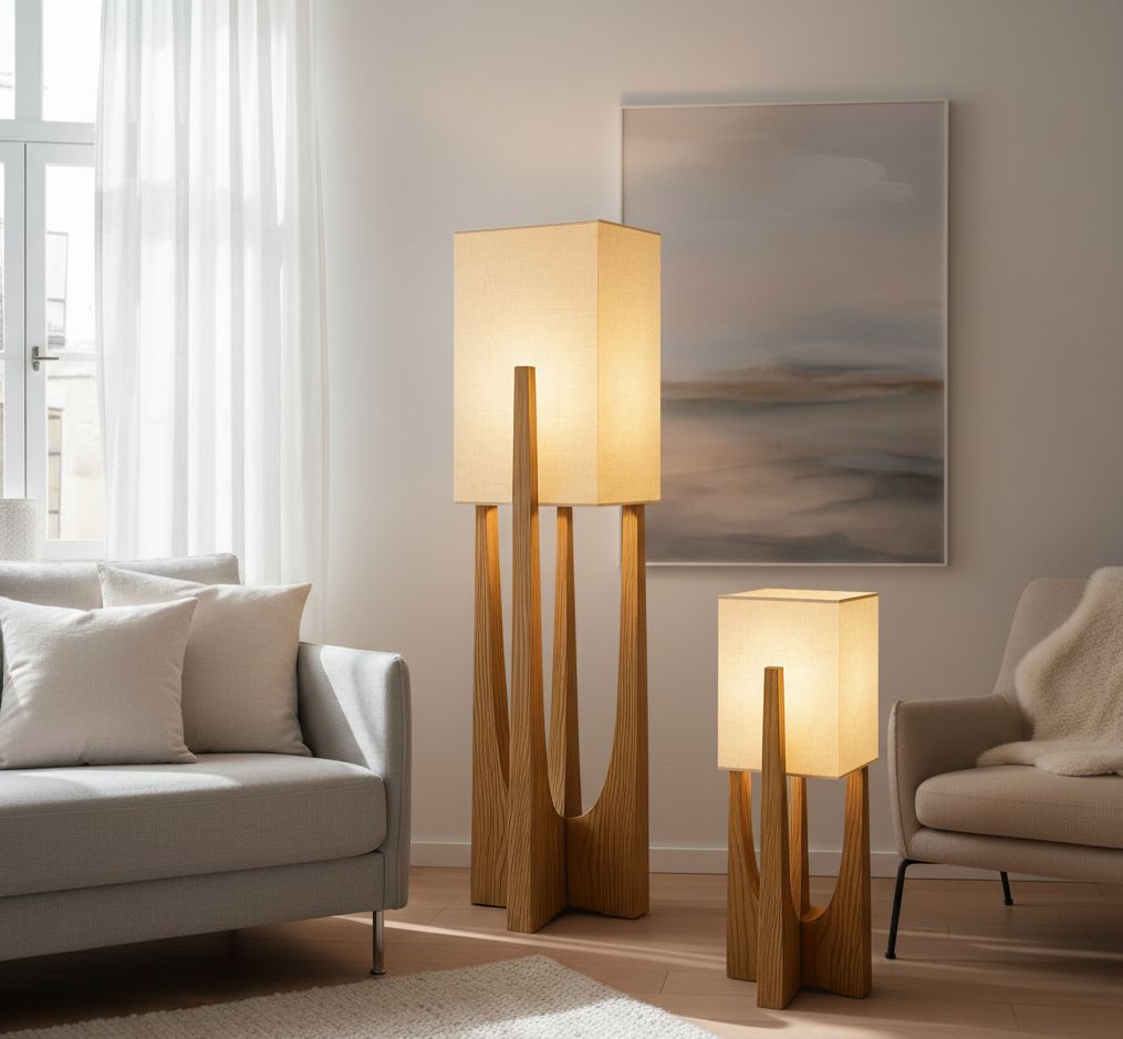 Lampadaire japonais au design wabi-sabi, fait main en tissu et en bois, lumière d’ambiance chaleureuse pour le salon et la chambre | Sulvida