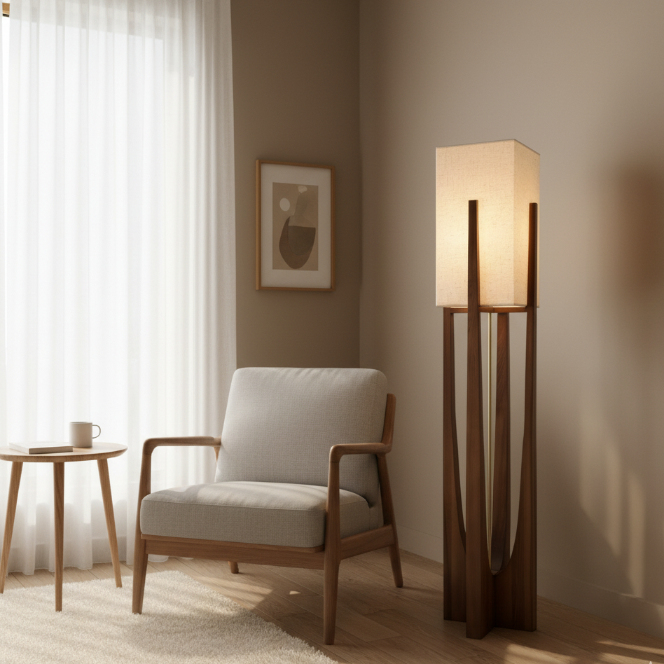 Lampadaire japonais au design wabi-sabi, fait main en tissu et en bois, lumière d’ambiance chaleureuse pour le salon et la chambre | Sulvida