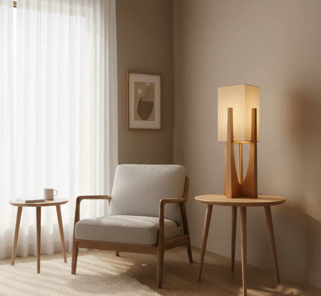 Lampadaire japonais au design wabi-sabi, fait main en tissu et en bois, lumière d’ambiance chaleureuse pour le salon et la chambre | Sulvida