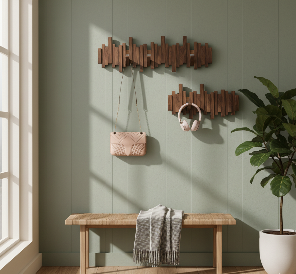 Patère murale en noyer ou en hêtre avec 3 à 8 crochets, porte-manteau naturel pour l'entrée et la chambre | Sulvida