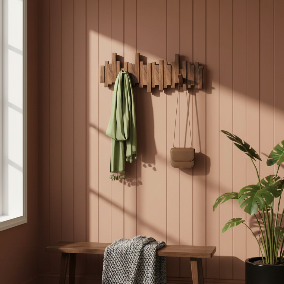 Patère murale en noyer ou en hêtre avec 3 à 8 crochets, porte-manteau naturel pour l'entrée et la chambre | Sulvida