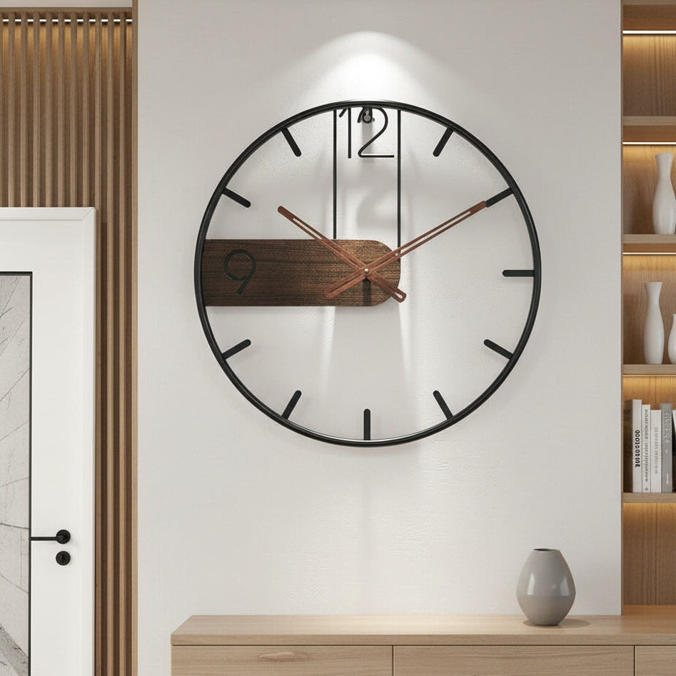Stille wandklok met natuurlijk notenhout en stalen rand voor rustige interieur decoratie woonkamer kantoor | Sulvida