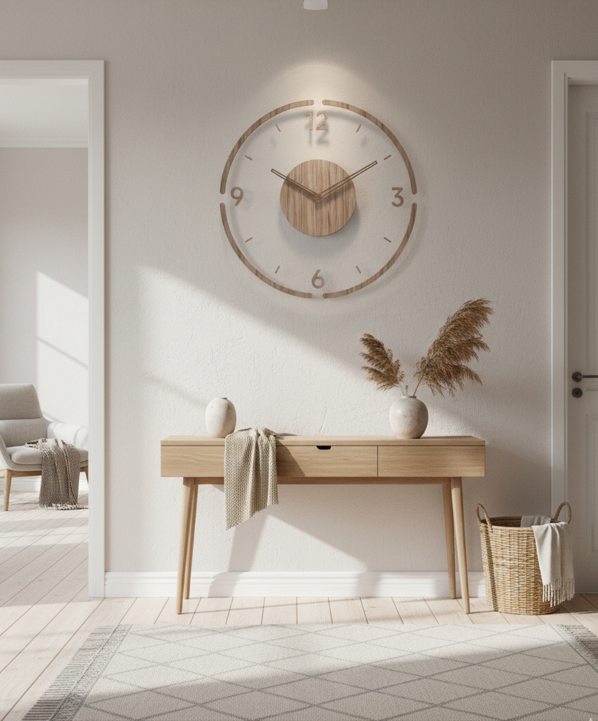 Houten Wandklok 35 cm Scandinavisch Design Stil Uurwerk Naturel Houtfinish Woonkamer Slaapkamer Decoratief | Sulvida