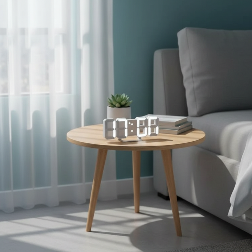 3D LED-klok voor tafel en wand digitale tijdsweergave met helderheidsregeling modern design klokradio wit | Sulvida