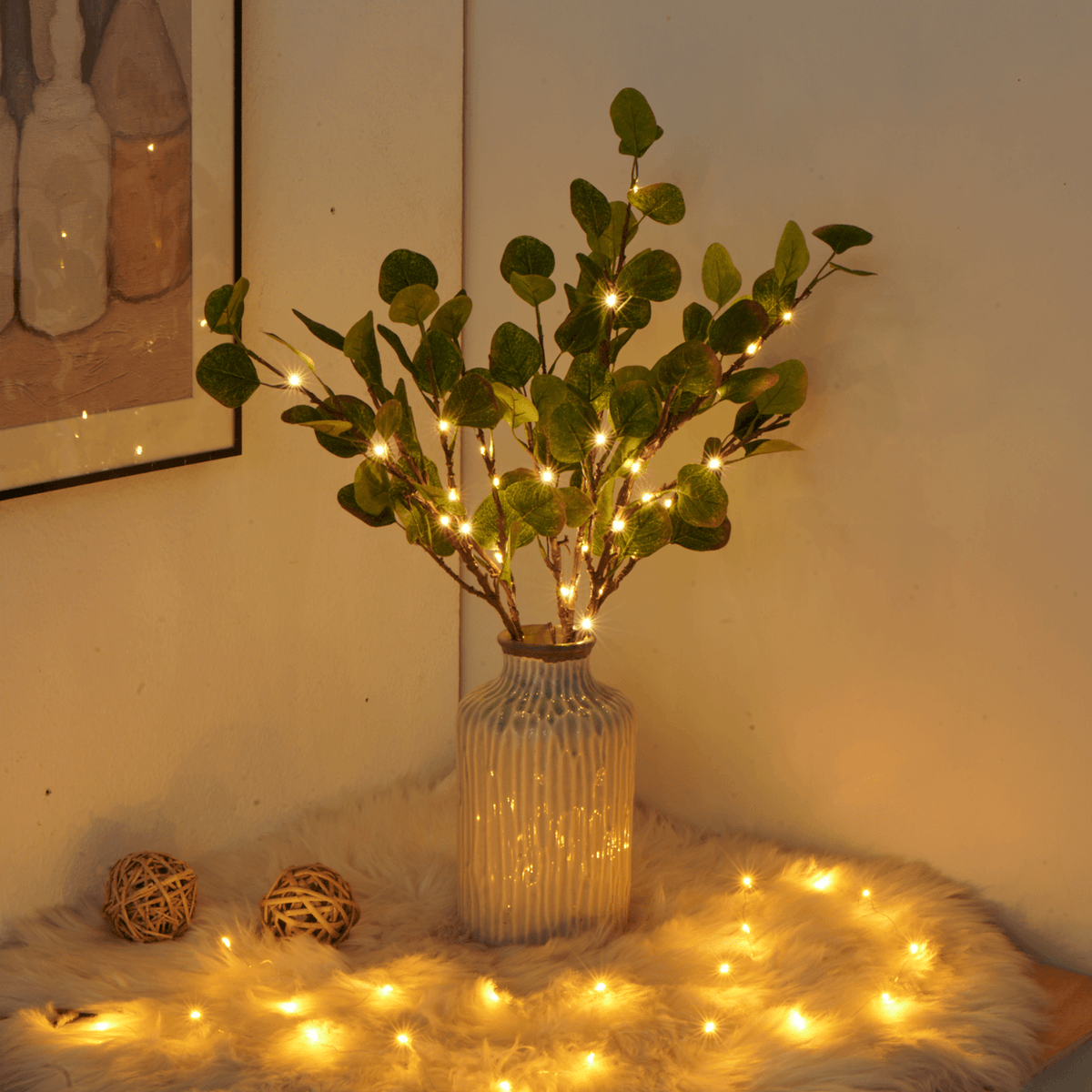 LED-Lichtslinger Olijftak 70 cm 120 Warm Witte Lampjes Kerstboom Vaas Decoratieve Verlichting op Batterijen | Sulvida