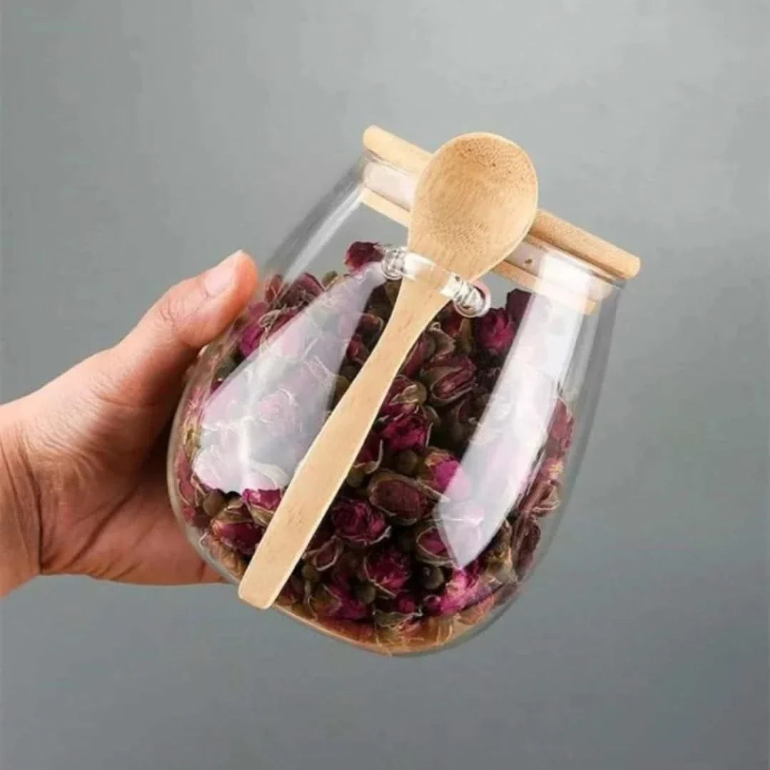 Glazen Voorraadpot met Bamboe Deksel en Lepel 350ml 600ml 1000ml Voorraadbus Keukenopslag Luchtdicht | Sulvida