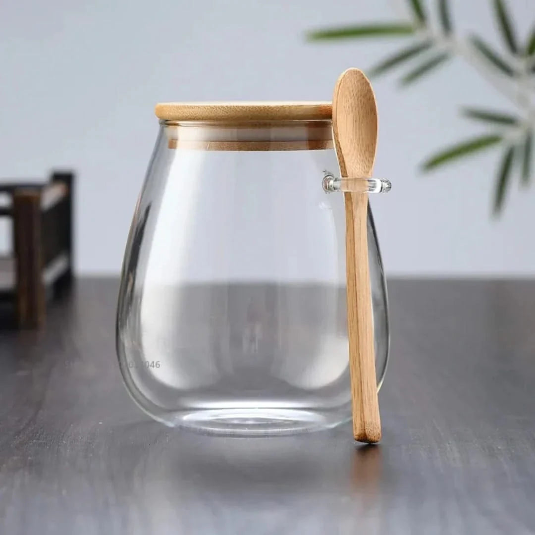 Glazen Voorraadpot met Bamboe Deksel en Lepel 350ml 600ml 1000ml Voorraadbus Keukenopslag Luchtdicht | Sulvida