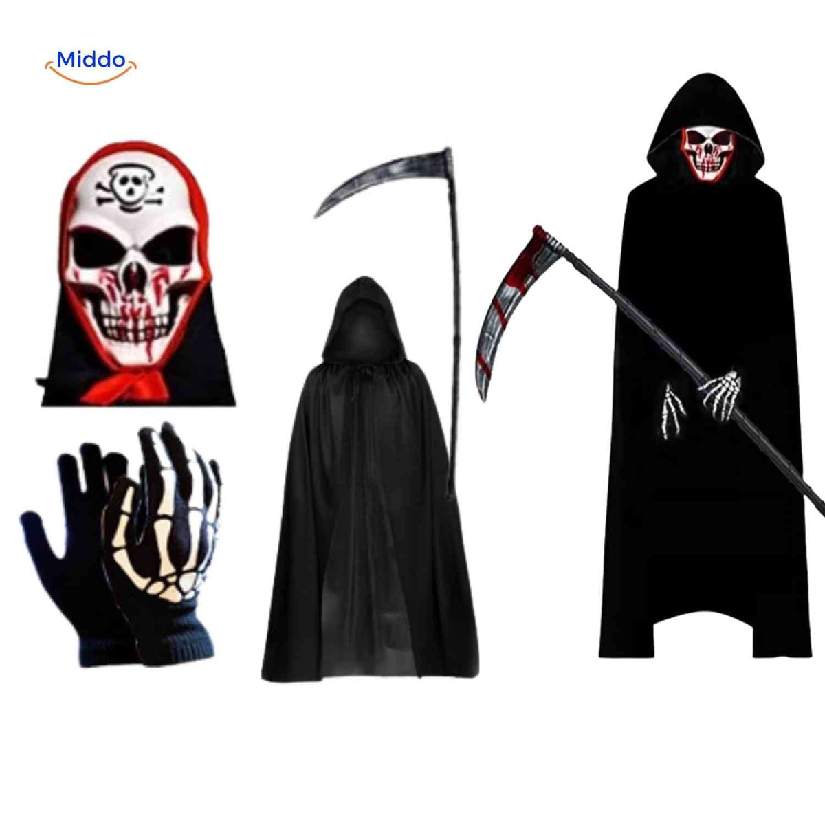 Magere Hein Verkleedset Met Cape Schedel Masker Handschoenen en Zeis Voor Halloween Feesten Carnaval | Sulvida