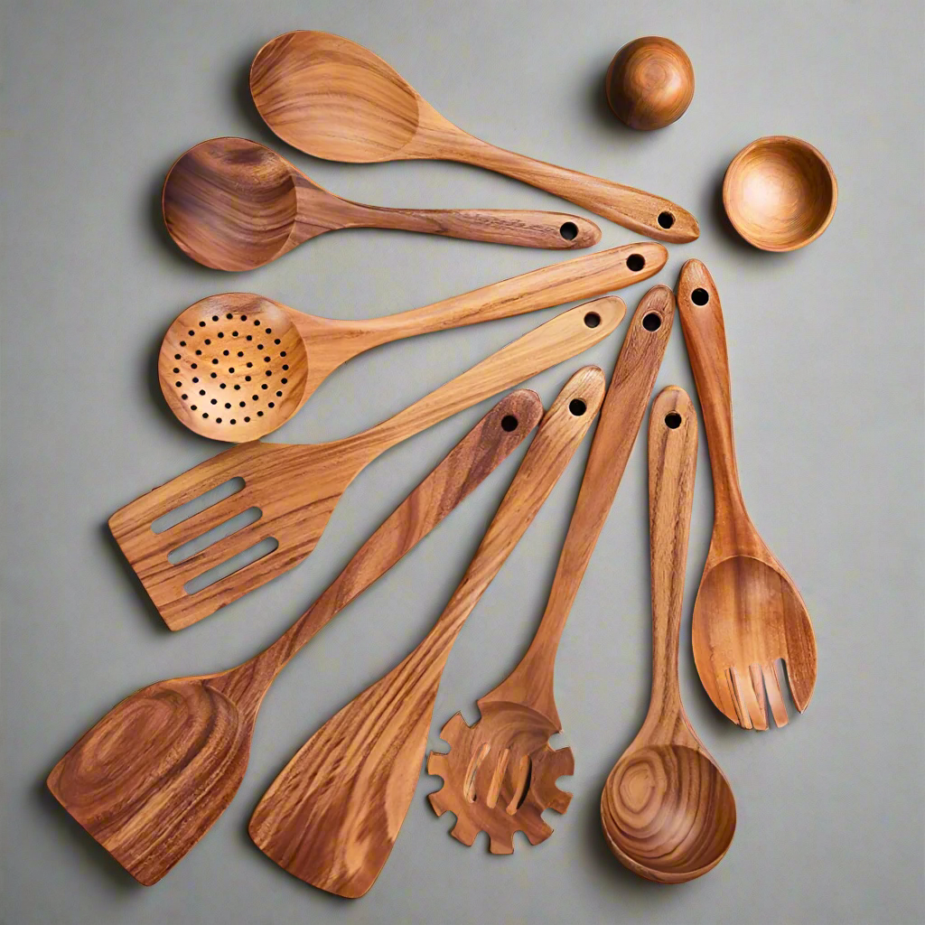 Set de cuillères de cuisine en teck antibactériennes - Set de spatules en bois durable résistant à la chaleur, ustensiles de cuisine pour cuisiner et pâtisser | Sulvida